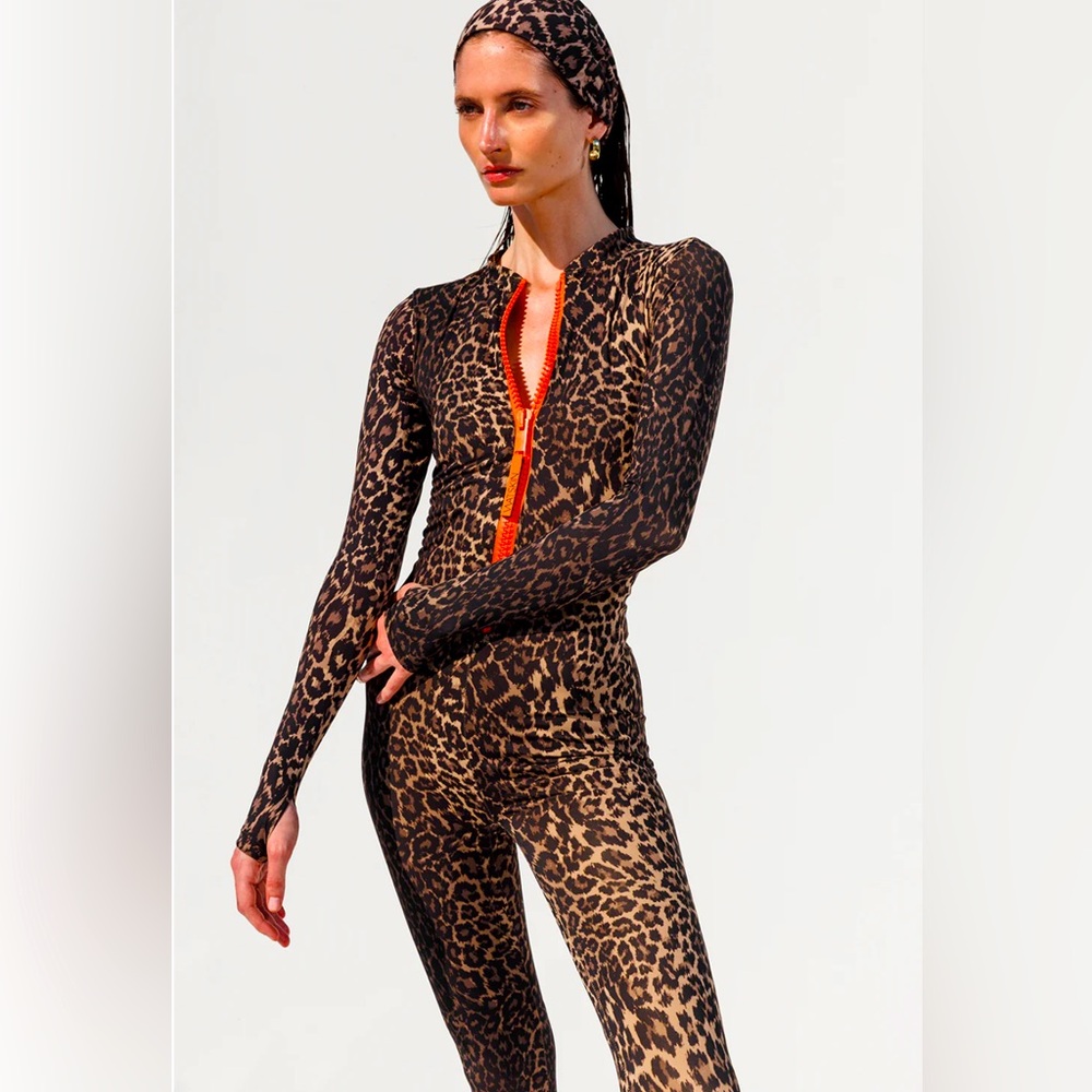 Watskin “Lois” Catsuit in Brown and Black Leopard Print Jumpsuit & Orange Zipper
